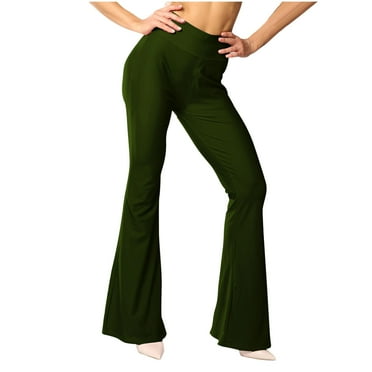 Zpanxa Yoga Pants Women High Waisted Flare Pants Workout Leggings Solid Color Casual Wide Leg Pants with Pockets Army Green A L