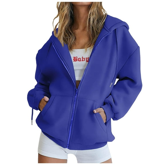 Zpanxa Zip up Hoodies for Women Fashion Solid Color V-Neck Pullover Tops Long Sleeve Hooded Sweatshirt Y2K Hoodie with Pocket Blue S