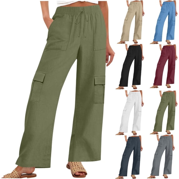 Zpzdpjkx Cotton Linen Cargo Pants Women Fashion Wide Leg Elastic Waist Lightweight Trousers with Multiple Pockets Army Green S