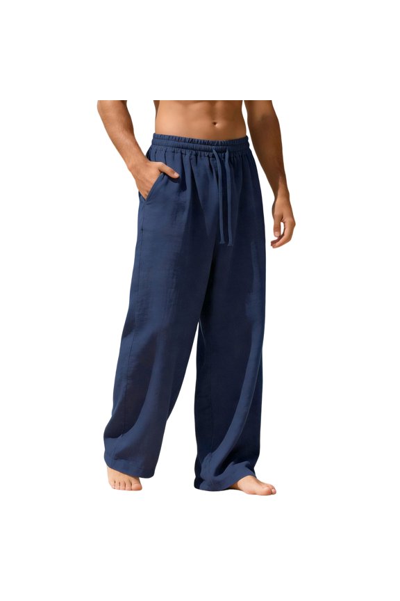 Cotton Linen Pants for Men Summer Fashion Boho Drawstring Waist Wide Leg Beach Trousers