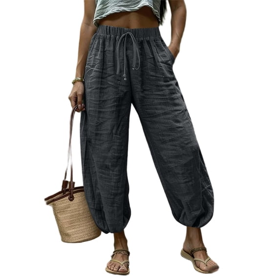 Zpzdpjkx Drawstring Cotton Linen Pants for Women High Waist Cropped Wide Leg Summer Trousers Gray XL