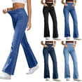 thumbnail image 1 of Zpzdpjkx High Stretch Elastic Waist Flare Jeans for Women Pull On Solid Denim Bottom Pants with Pockets Casual Trousers, 1 of 10