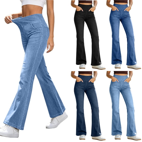 Zpzdpjkx High Stretch Elastic Waist Flare Jeans for Women Pull On Solid Denim Bottom Pants with Pockets Casual Trousers