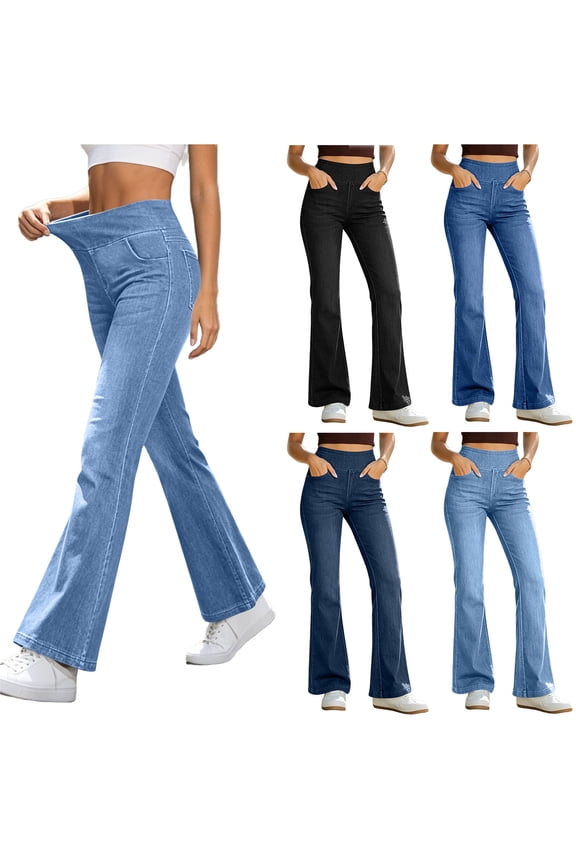 High Stretch Elastic Waist Flare Jeans for Women Pull On Solid Denim Bottom Pants with Pockets Casual Trousers