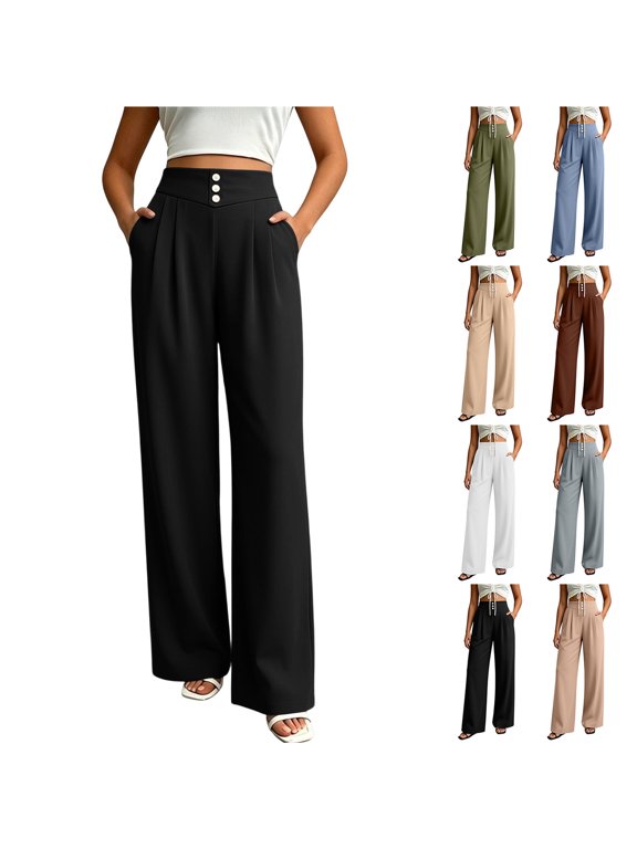 High Waist Wide Leg Dress Pants for Women Drape Flowy Pleated Palazzo Trousers with Pockets Loose Comfy Casual Office Long Pants