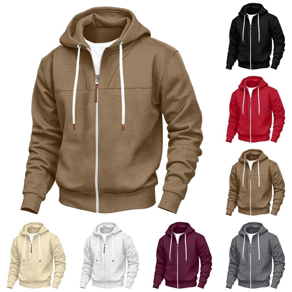 Zpzdpjkx Hooded Zip Jacket Classic Solid Color Drawstring Wind Resistant Daily Versatile Casual Hoodies for Men