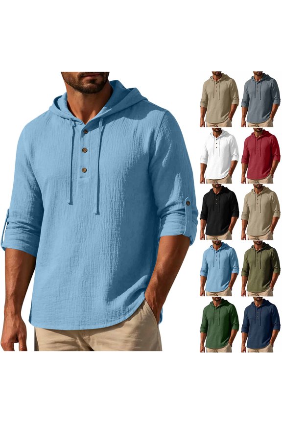 Hoodies for Men Cotton Linen Buttons Henley Hooded Zip Jacket Drawstring Lightweight Vacation Wear Sweatshirt for Mens