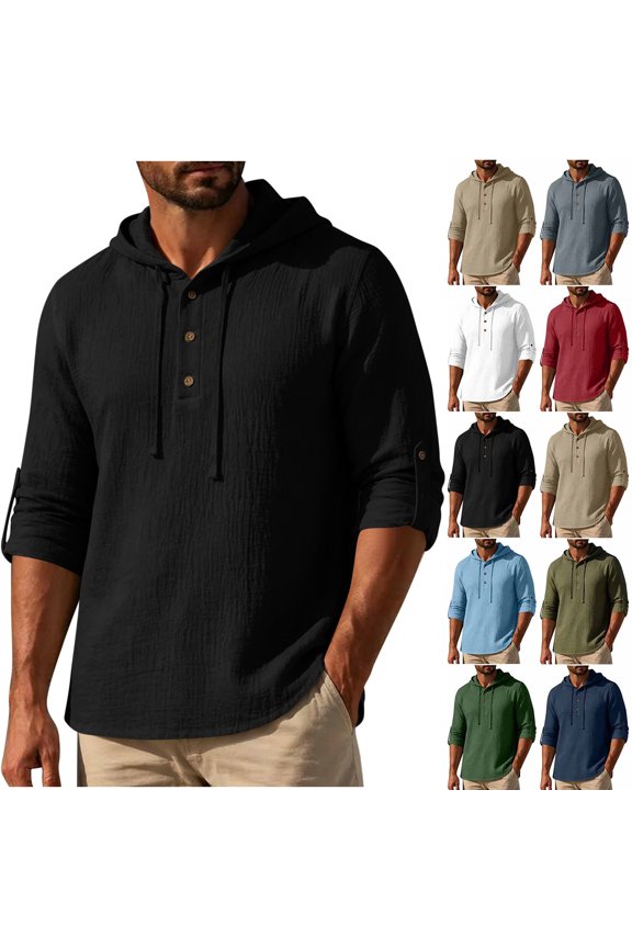 Hoodies for Men Cotton Linen Buttons Henley Hooded Zip Jacket Drawstring Lightweight Vacation Wear Sweatshirt for Mens