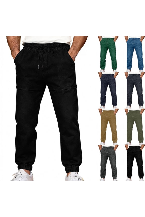 Jeans for Men Baggy Elastic Waisted Drawstring Faux Denim Joggers Pants Straight Leg Loose Jean Trousers