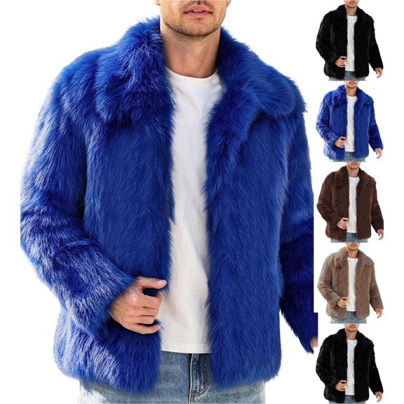 Zpzdpjkx Men's Faux Fur Fleece Jacket, Winter Furry Lapel Collar Long Sleeve Warm Open Front Coat Casual Outerwear for Men Blue S