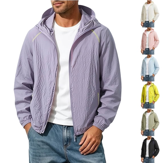 Zpzdpjkx Mens Color-Blocked Stripe Hooded Sun Protection Jacket Windproof Drawstring Hem Zipper Pockets Lightweight Outerwear for Travel Jogging Cycling Golf Daily Commute Casual Jackets for Men