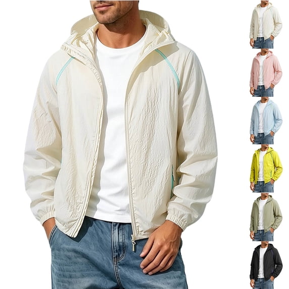 Zpzdpjkx Mens Color-Blocked Stripe Hooded Sun Protection Jacket Windproof Drawstring Hem Zipper Pockets Lightweight Outerwear for Travel Jogging Cycling Golf Daily Commute Casual Jackets for Men
