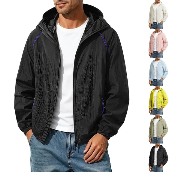 Zpzdpjkx Mens Color-Blocked Stripe Hooded Sun Protection Jacket Windproof Drawstring Hem Zipper Pockets Lightweight Outerwear for Travel Jogging Cycling Golf Daily Commute Casual Jackets for Men