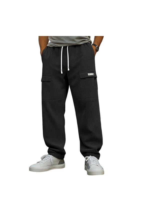 Mens Jogger Cargo Pants Outdoor Wide Leg Elastic Drawstring Pockets Ribbed Pull-On Comfy Lightweight Casual Street Workout Pants for Men