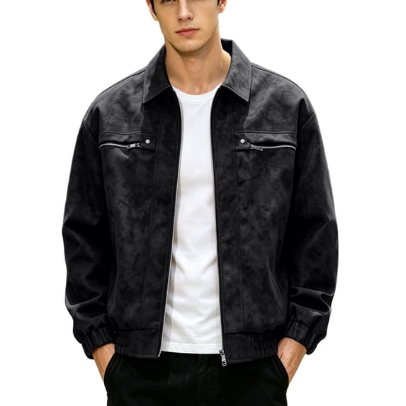 Zpzdpjkx Mens Lapel Suede Zip Jacket Fashion Elastic Cuff Hem Soft Long Sleeve Outerwear for Street Dating Daily Casual Bomber Coat