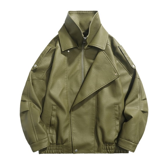 Zpzdpjkx Mens Oversized Lapel Leather Jacket Zipper Windproof Water-Repellent Casual Daily Versatile Jacket for Mens