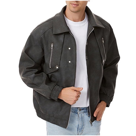 Zpzdpjkx Mens PU Leather Bomber Jacket Lapel Collar Multi Zipper Pockets Soft Texture Daily Street Fashion Casual Lightweight City Skate Vacation Jackets for Men