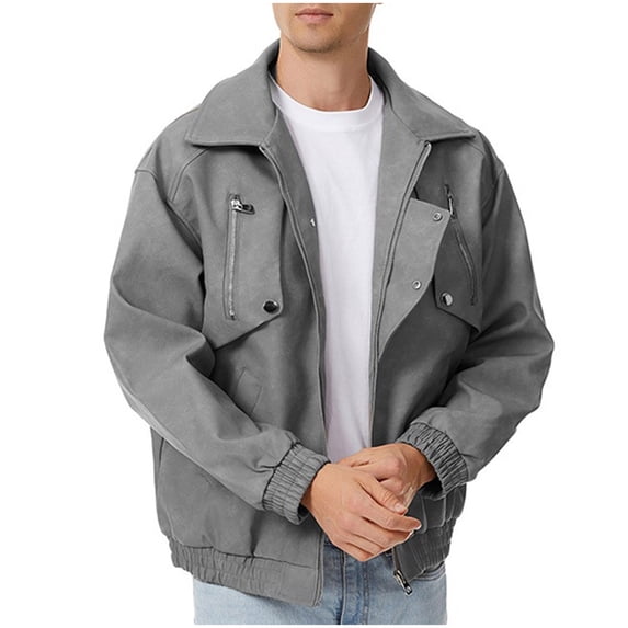 Zpzdpjkx Mens PU Leather Bomber Jacket Lapel Collar Multi Zipper Pockets Soft Texture Daily Street Fashion Casual Lightweight City Skate Vacation Jackets for Men