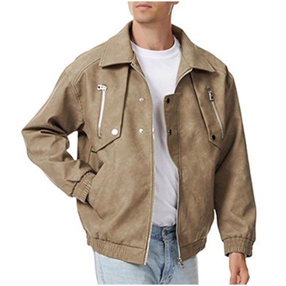 Zpzdpjkx Mens PU Leather Bomber Jacket Lapel Collar Multi Zipper Pockets Soft Texture Daily Street Fashion Casual Lightweight City Skate Vacation Jackets for Men