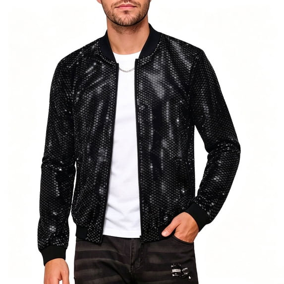 Zpzdpjkx Mens Sequin Bomber Jacket Side Zipper Pockets Lightweight Stage Party Street Fashion Casual Outerwear for Men