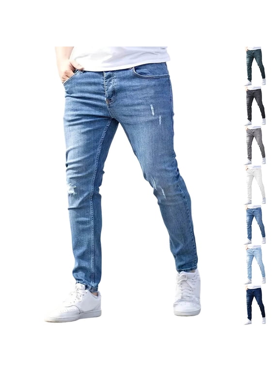 Mens Skinny Ripped Denim Jean Pants Button Zipper Distressed Scratch Tapered Stretch Lightweight Comfy Casual Daily Versatile Denim Pants for Men