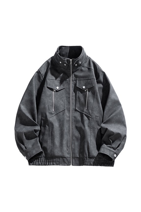 Mens Stand Collar PU Bomber Jacket Fashion Multi Zipper Pockets Windproof Ribbed Cuff Outerwear Streetwear Vacation Weekend Walking Lightweight Casual Outerwear for Men