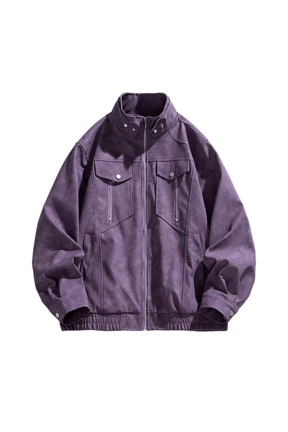 Mens Stand Collar PU Bomber Jacket Fashion Multi Zipper Pockets Windproof Ribbed Cuff Outerwear Streetwear Vacation Weekend Walking Lightweight Casual Outerwear for Men