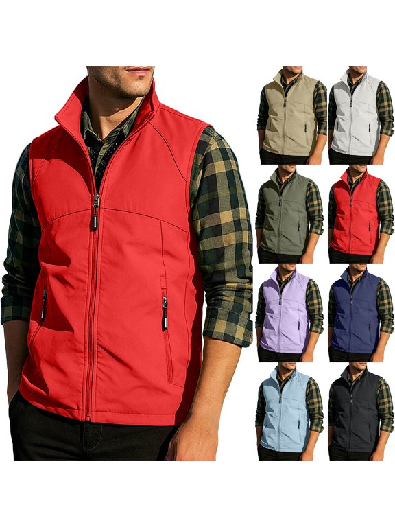 Mens Stand Collar Zip Up Vest Multi Zipper Pocket Sleeveless Outdoor Shell Waistcoat for Hiking