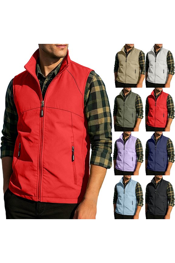 Mens Stand Collar Zip Up Vest Multi Zipper Pocket Sleeveless Outdoor Shell Waistcoat for Hiking