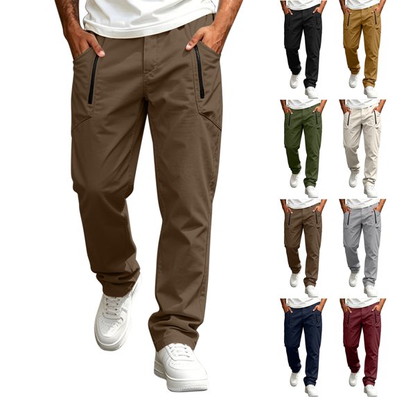 Zpzdpjkx Mens Straight Leg Cargo Pants Zipper Pockets Elastic Waist Solid Color Casual Outdoor Travel Daily Hiking Pants for Mens