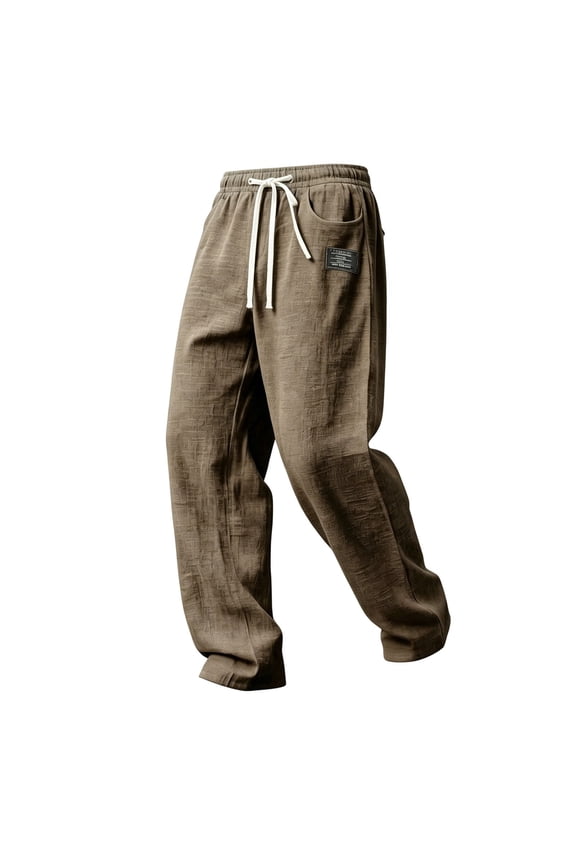 Mens Straight Leg Linen Pants Elastic Drawstring Side Pockets Wrinkle Breathable Lightweight Beach Loose Walking Casual Plus Size Summer Sports Pants