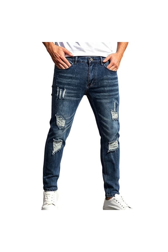 Mens Tapered Ripped Jeans Button Zipper Fly Side Pockets Soft Daily Tapered Pants Walking Casual Denim Trousers Solid Colors Jean Pants for Men