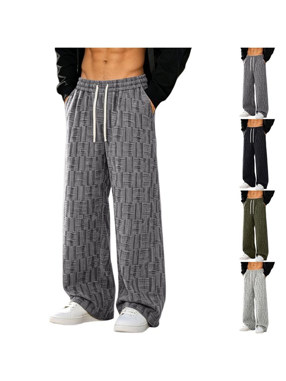 Mens Wide Leg Sweatpants Athletic Grid Pattern Drawstring Elastic Waist Plus Size Casual Street Sports Workout Daily Pants for Mens
