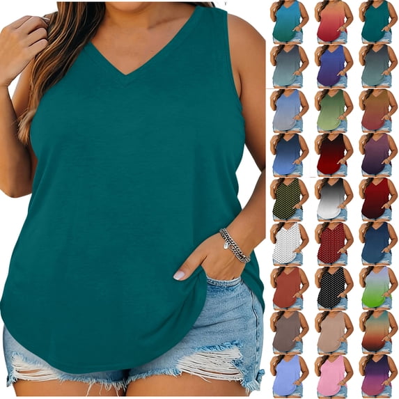 Zpzdpjkx Plus Size Women's Solid V Neck Sleeveless Tank Tops Casual Curved Hem Loose Fit Summer Basic Shirts