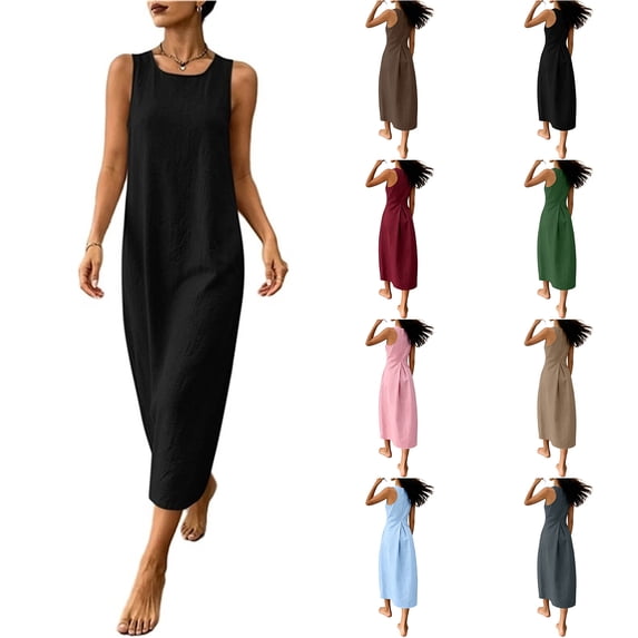 Zpzdpjkx Sleeveless Cotton Linen Midi Dresses for Women Solid Loose Tank Dress Pleated Back Casual Summer Vacation Shift Dress
