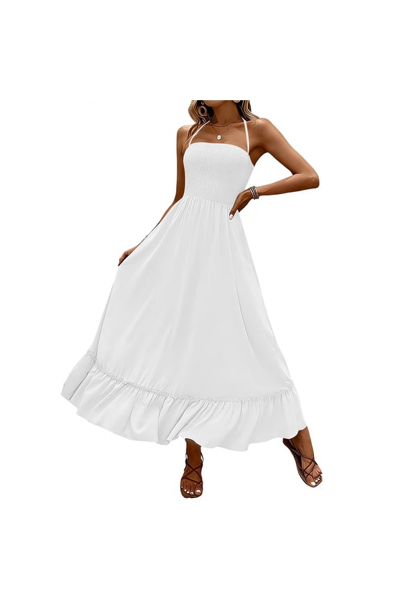 Summer Maxi Dresses for Women Sleeveless Halter Neck Backless Ruffle Hem Tiered Pleated Flowy Boho Dress White 2XL