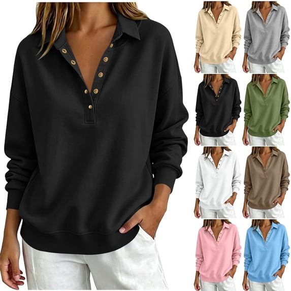 Zpzdpjkx Sweatshirt for Women Long Sleeve Buttons Pullover Tops Solid Color Loose Casual Collared Sweatshirts