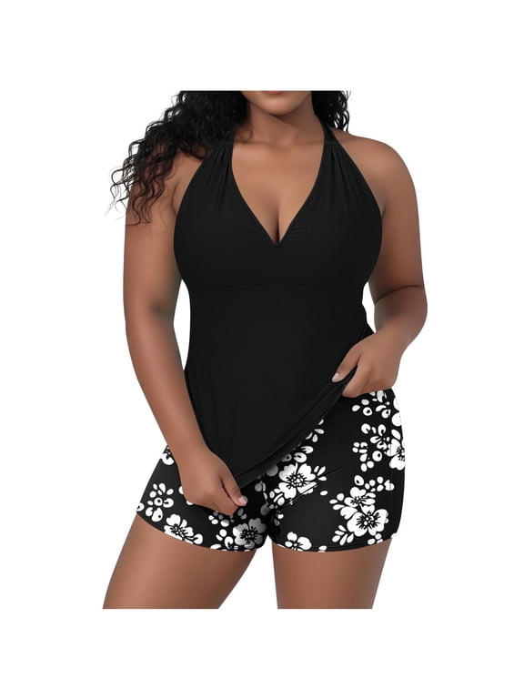 Tankini Swimsuit for Women Fashion Plus Size Floral Adjustable Halter Two-Piece Bathing Suit with Boyshorts