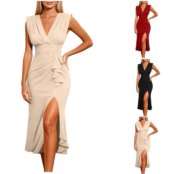 Zpzdpjkx Women Elegant Deep V Neck Sleeveless Midi Bodycon Dress Ruched Waist Ruffle High Split Cocktail Wedding Guest Party Dress with Back Zipper