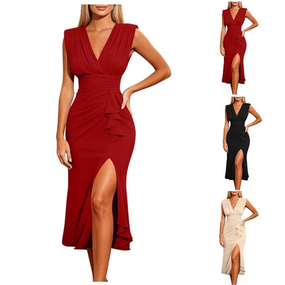Zpzdpjkx Women Elegant Deep V Neck Sleeveless Midi Bodycon Dress Ruched Waist Ruffle High Split Cocktail Wedding Guest Party Dress with Back Zipper