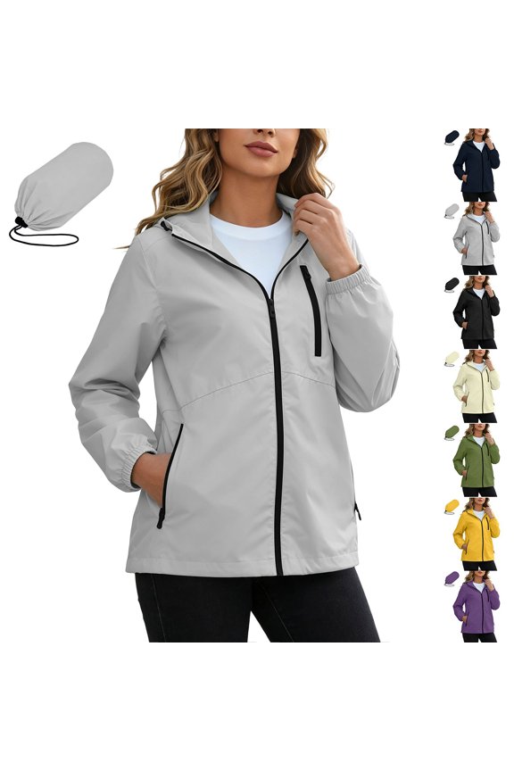 Women Packable Hiking Hooded Rain Jacket, Lightweight Waterproof Windbreaker Coats with Storage Pouch