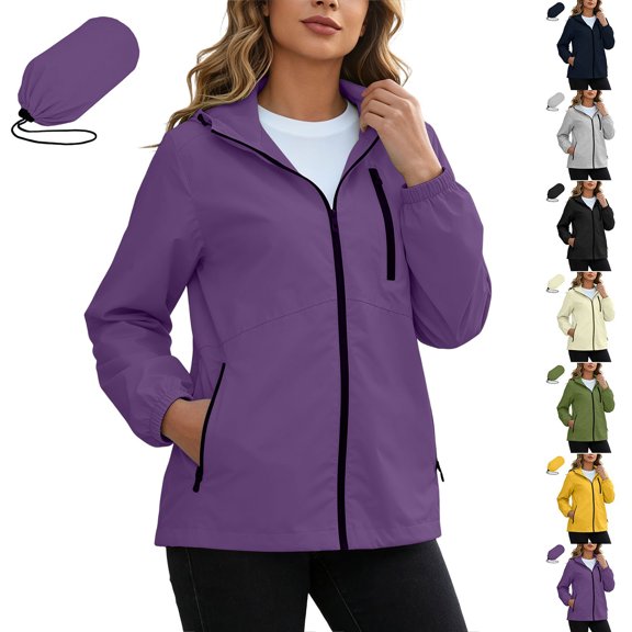 Zpzdpjkx Women Packable Hiking Hooded Rain Jacket, Lightweight Waterproof Windbreaker Coats with Storage Pouch