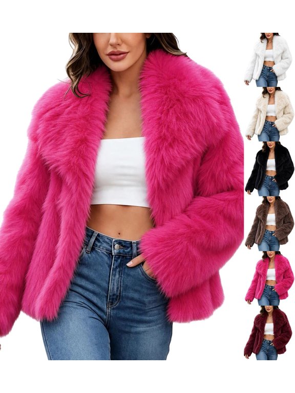 Women Winter Faux Fur Jacket, Fall Fashion Elegant Lapel Collar Long‑Sleeve Open‑Front Fuzzy Fleece Outerwear Winter Coats for Women Hot Pink S