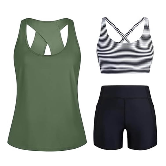 Zpzdpjkx Women's 3-Piece Tankini Swimsuit 2026 Fashion Cutout Modest Bathing Suits Workout Tank Tops with Boyshorts Army Green ③ XL