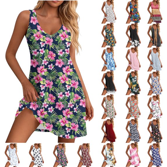 Zpzdpjkx Women's Bohemian Floral Print Sleeveless V-Neck Summer Dress Casual Flowy Boho Mini Dresses for Women