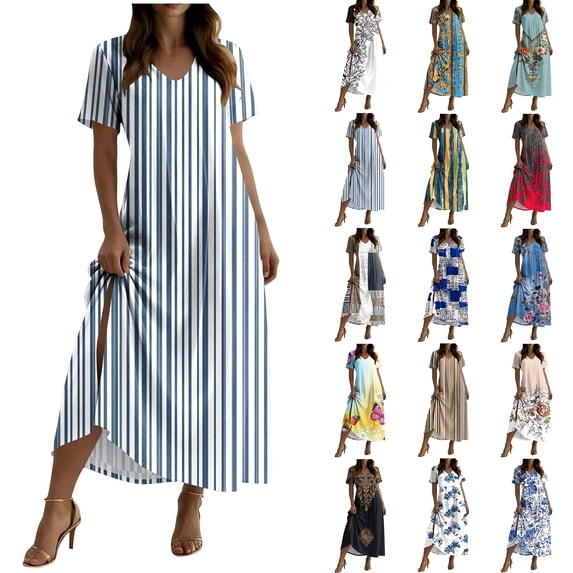 Zpzdpjkx Women's Boho Floral Print Short Sleeve V‑Neck Maxi Dresses, Summer Casual Split Long Dress