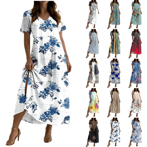 Zpzdpjkx Women's Boho Floral Print Short Sleeve V‑Neck Maxi Dresses, Summer Casual Split Long Dress
