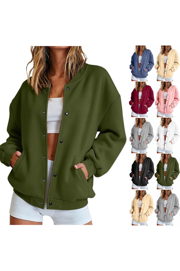 Women's Button Down Baseball Jacket Long Sleeve Raglan Sleeve Bomber Cardigan Coat with Pockets Loose Casual Sweatshirt