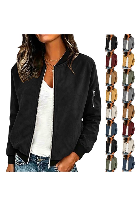 Women's Faux Suede Bomber Jacket Fashion Ribbed Trim Snap Button Front Jackets with Lined Interior and Pockets
