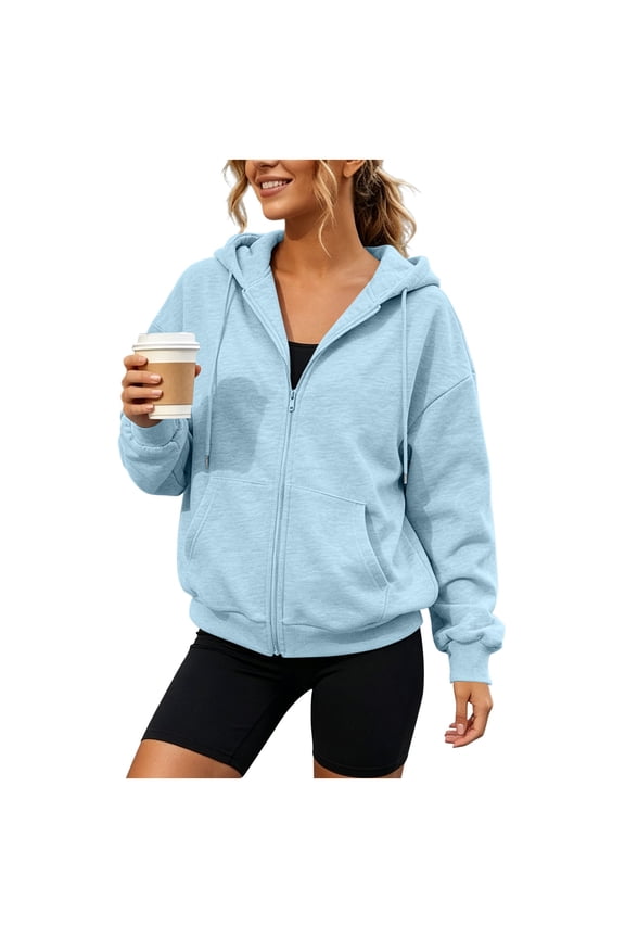 Women's Full Zip Hoodie Drop Shoulder Long Sleeve Drawstring Hood Sweatshirt Jacket with Kangaroo Pockets